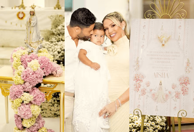 Batizado da filha de Hulk e Camila Ângelo tem 2 mil vasos de flores e lembrancinha de porcelana